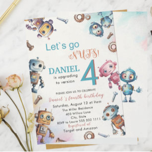 Invitación Elegante Pequeño Robot Watercolor Bebé Cumpleaños