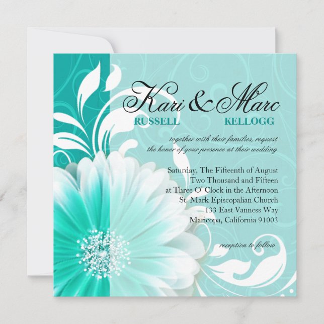 Invitación Elegante Pergamino Daisy Florece| turquesa (Anverso)