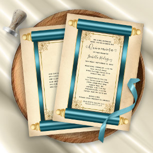 Invitación Elegante pergamino de oro Verde azulado vintage Qu