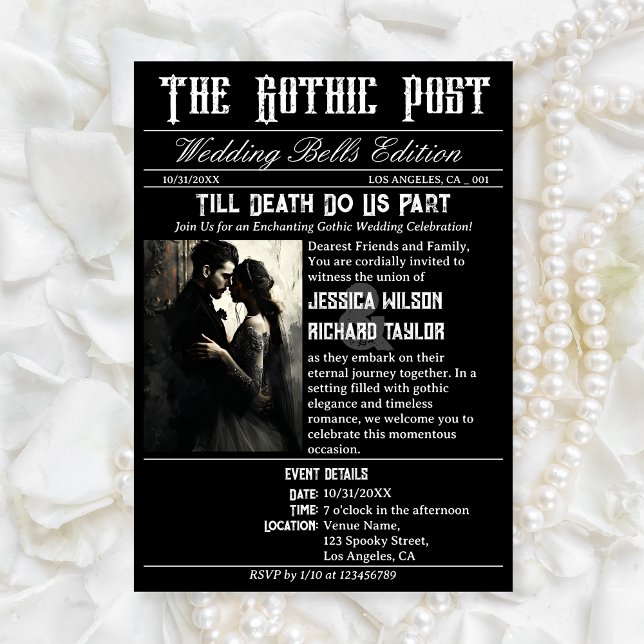 Invitación Elegante periódico gótico foto Boda negro (Subido por el creador)