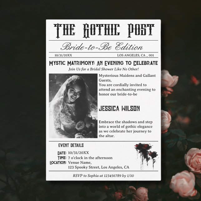 Invitación Elegante periódico gótico Foto ducha de novia (Subido por el creador)