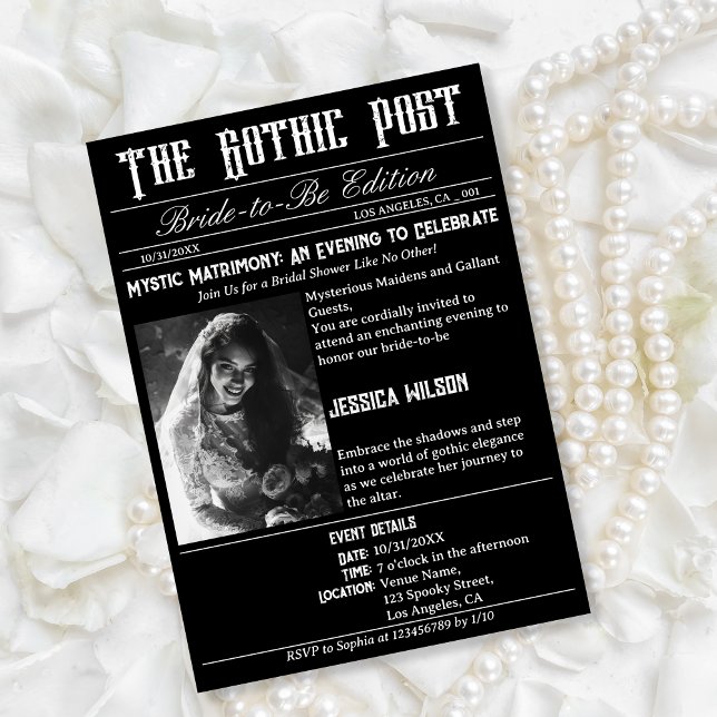 Invitación Elegante periódico gótico Foto ducha de novia (black gothic newspaper)