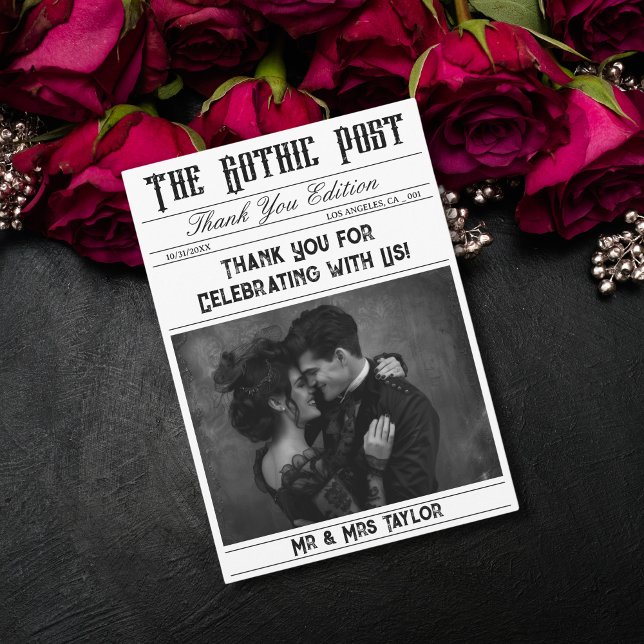 Invitación Elegante Periódico Gótico Foto Gracias (gothic newspaper thank you card)