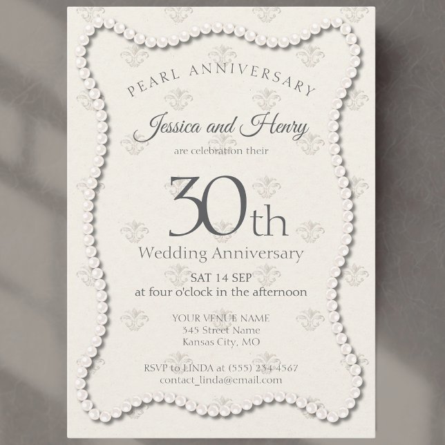 Invitación Elegante perla 30 aniversario boda damasco (Subido por el creador)