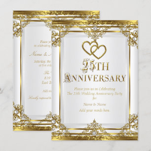 Invitación Elegante Perla Blanca Dorada del 25º Aniversario 2