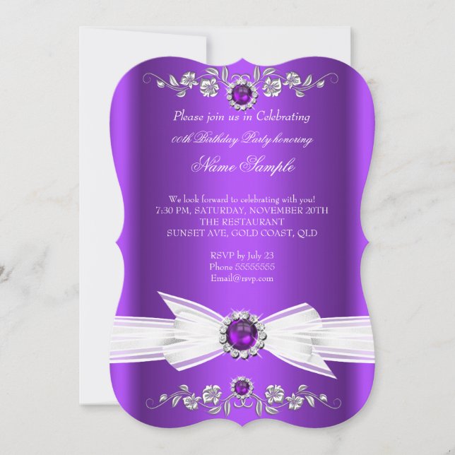 Invitación Elegante perla blanca púrpura jewel cumpleaños (Anverso)