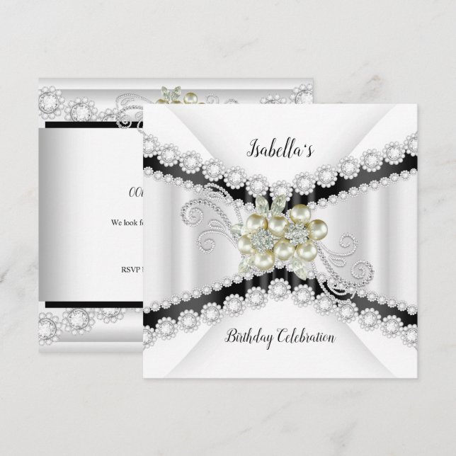 Invitación Elegante Perla Cumpleaños Fiesta Negro Blanco Diam (Anverso / Reverso)