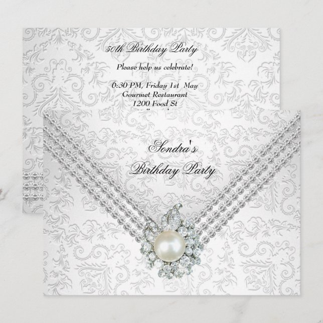 Invitación Elegante Perla de Diamante Blanco Plata 50 Años (Anverso / Reverso)