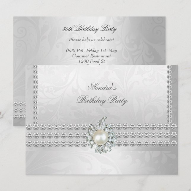 Invitación Elegante Perla de Diamante Blanco Plata 50 Años (Anverso / Reverso)