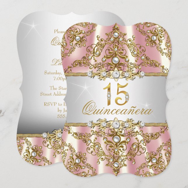Invitación Elegante Perla de Oro Rosa Damask Quinceanera (Anverso / Reverso)