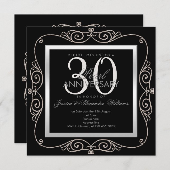 Invitación Elegante Perla en Marco para 30 Aniversario de Bod (Anverso / Reverso)