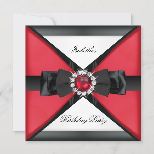 Invitación Elegante Perla Negra Roja Lazo Blanco Fiesta de Cu (Anverso)