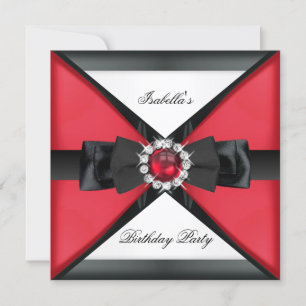 Invitación Elegante Perla Negra Rojo Lazo Blanco Fiesta de Cu