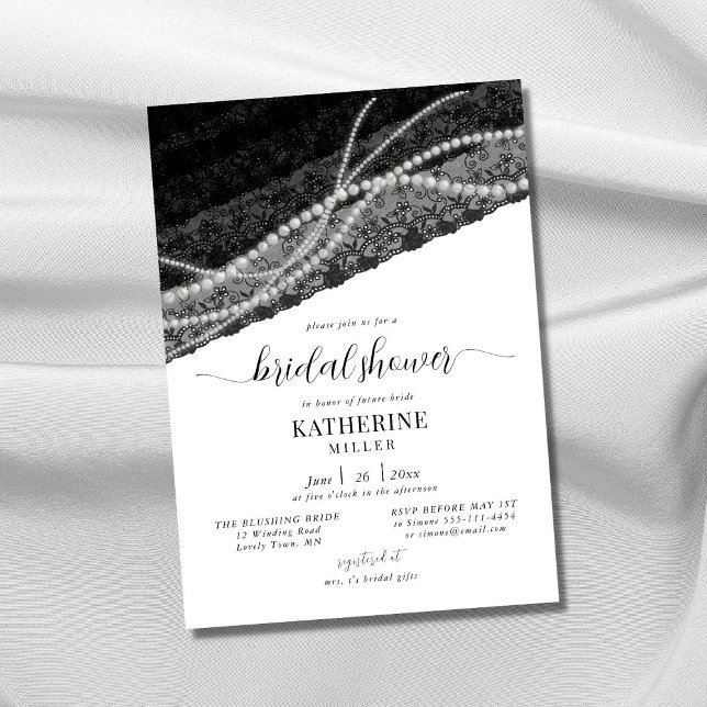 Invitación Elegante Perla Perla Negro Moda Blanca Ducha Brida (Subido por el creador)