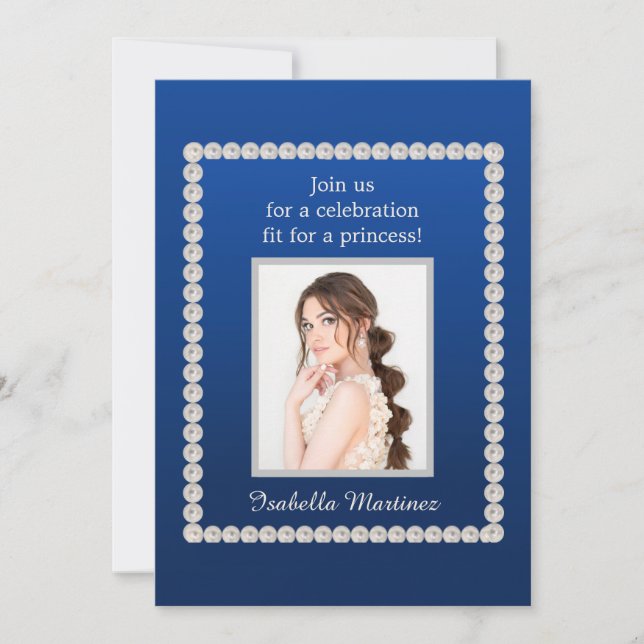 Invitación Elegante Perlas de Fotografía Royal Blue Quinceañe (Anverso)