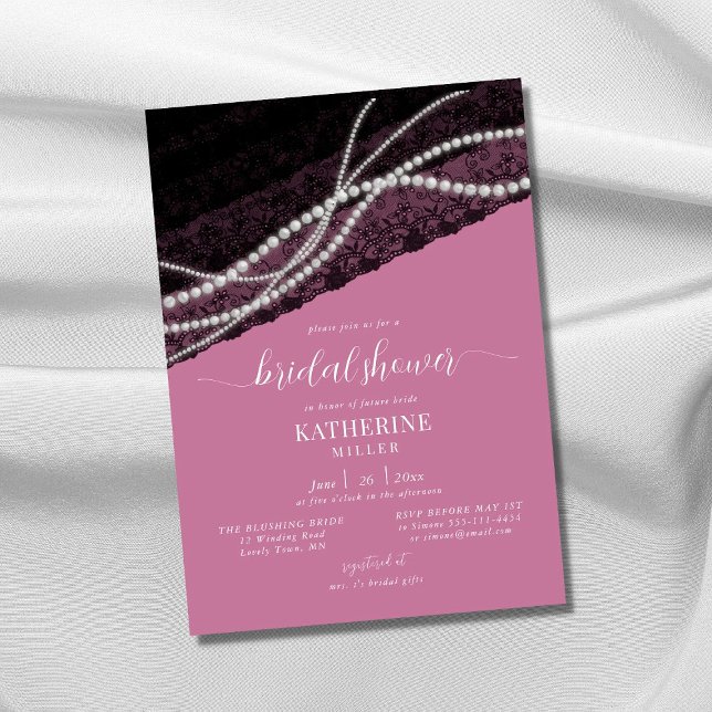Invitación Elegante Perlas Lace Moda negra rosa ducha de novi (Subido por el creador)