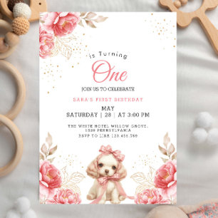 Invitación Elegante Perro y Flora de Peach Primer Cumpleaños