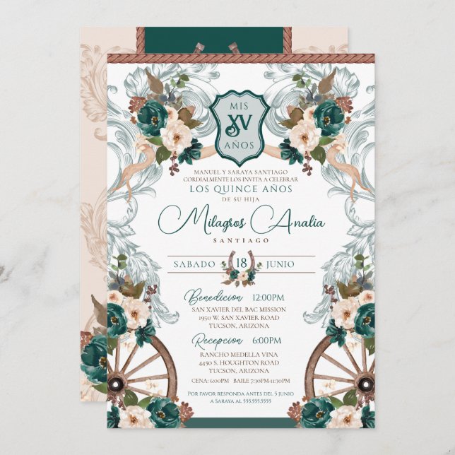 Invitación Elegante personaje verde esmeralda Quinceanera occ (Anverso / Reverso)