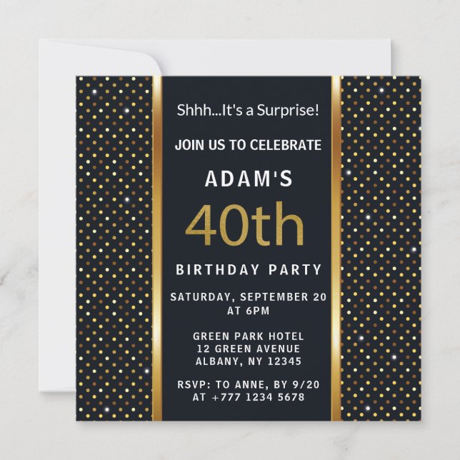 Invitación Elegante Personalizado 40 Años Oro y Negro (Anverso)