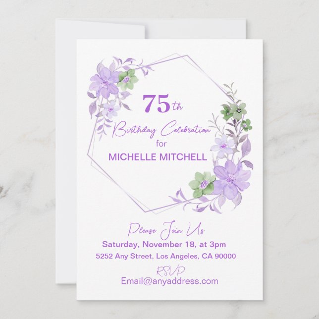 Invitación Elegante Personalizado 75º cumpleaños Lavender Flo (Anverso)