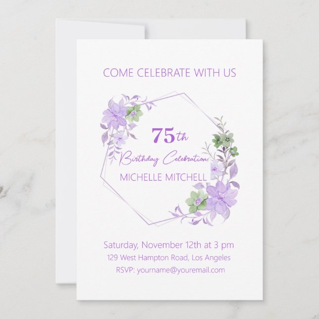 Invitación Elegante Personalizado 75º cumpleaños Lavender Flo (Anverso)