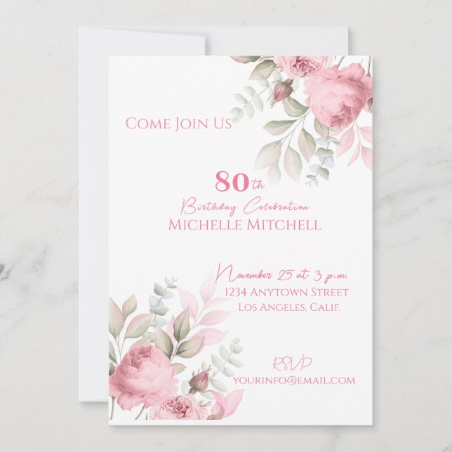 Invitación Elegante Personalizado 80 cumpleaños Floral rosa (Anverso)
