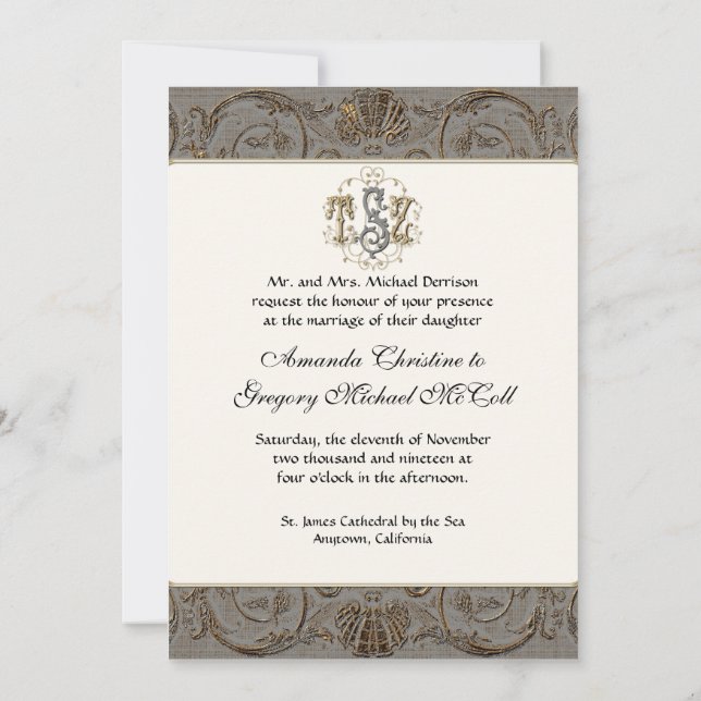 Invitación Elegante Personalizado barroco de oro antiguo Mono (Reverso)