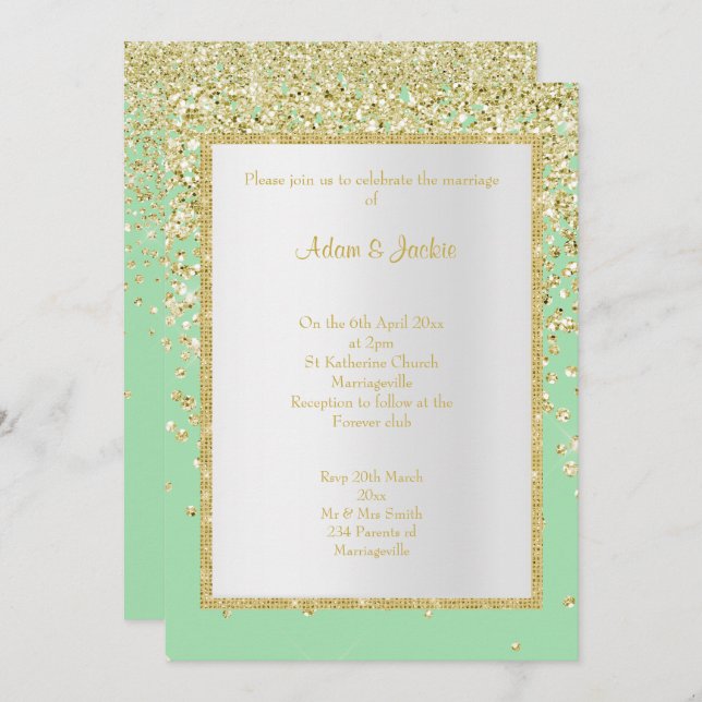 INVITACIÓN ELEGANTE PERSONALIZADO BODA GREEN GOLD SPARKLE (Anverso / Reverso)