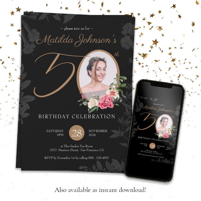 Invitación Elegante Personalizado botánico de oro negro en lo (Elegant 50th Birthday Black Gold Botanical Custom Invitation
)