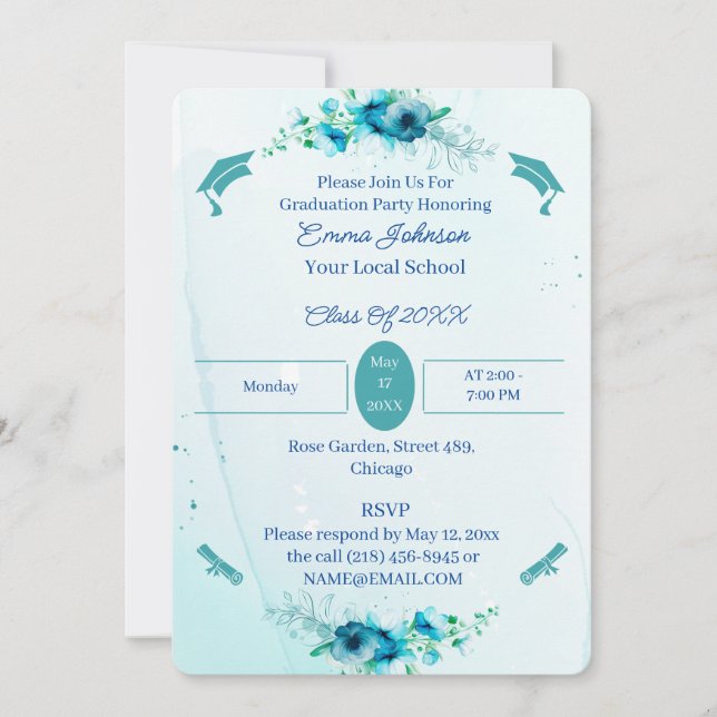 Invitación Elegante Personalizado de Flores Azules Graduación (Anverso)