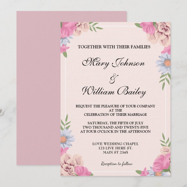 Invitación Elegante Personalizado de Flores de Boda Azul Rosa (Anverso / Reverso)