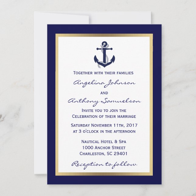 Invitación Elegante Personalizado de la Marina de la Boda Náu (Anverso)