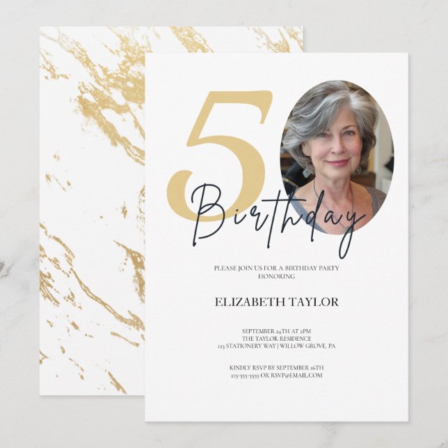 Invitación Elegante Personalizado de oro negro foto 50 cumple (Anverso / Reverso)