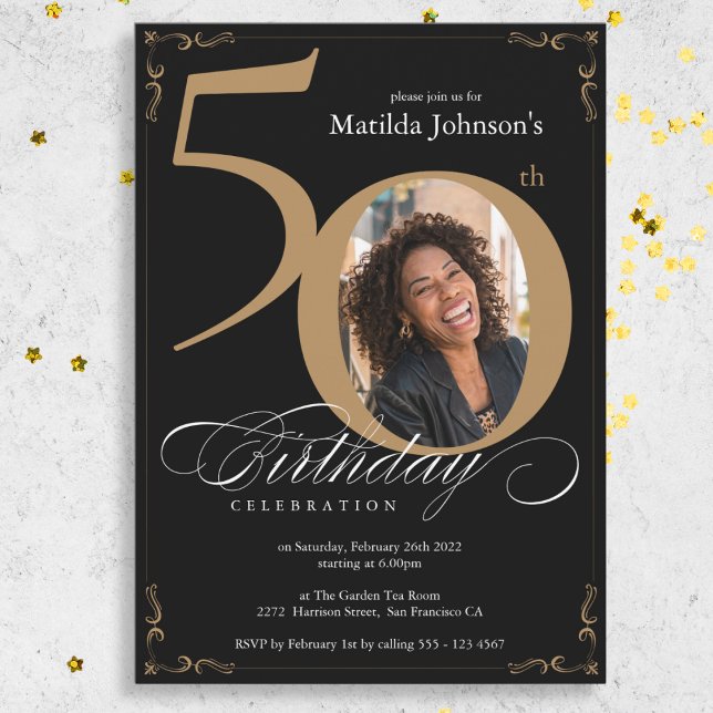 Invitación Elegante Personalizado de oro negro foto 50 cumple (Elegant Black Gold Custom Photo 50th Birthday Invitation)