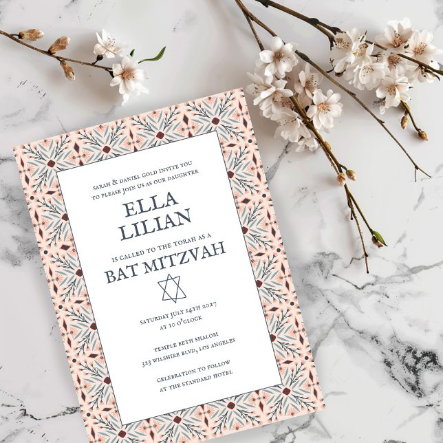 Invitación Elegante Personalizado del patrón de mosaico B'nai (Elegant Tile Pattern Custom B'nai Bat Bar Mitzvah Invitation
Pink BLue)