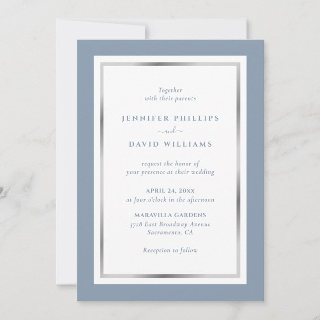 Invitación Elegante Personalizado Dusty Blue and Silver Boda (Anverso)