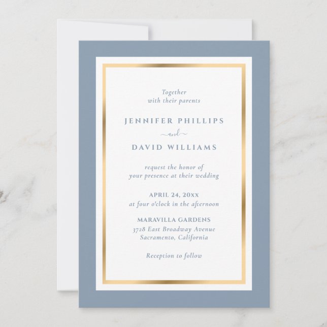 Invitación Elegante Personalizado Dusty Blue y Gold Boda (Anverso)