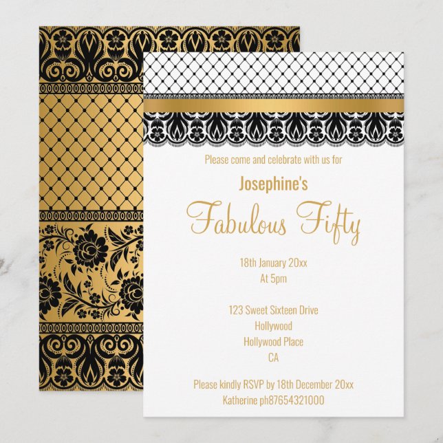 INVITACIÓN ELEGANTE PERSONALIZADO FABULOUS A 50 ORO LACE (Anverso / Reverso)