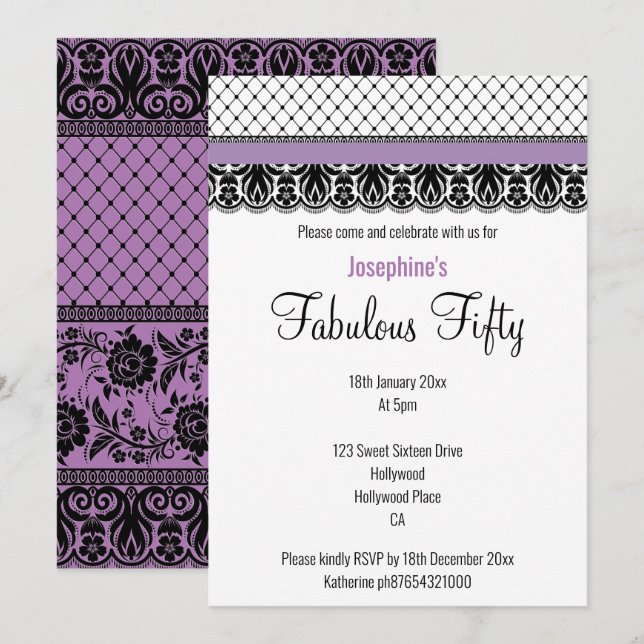 INVITACIÓN ELEGANTE PERSONALIZADO FABULOUS A 50 PURPLE LACE (Anverso / Reverso)