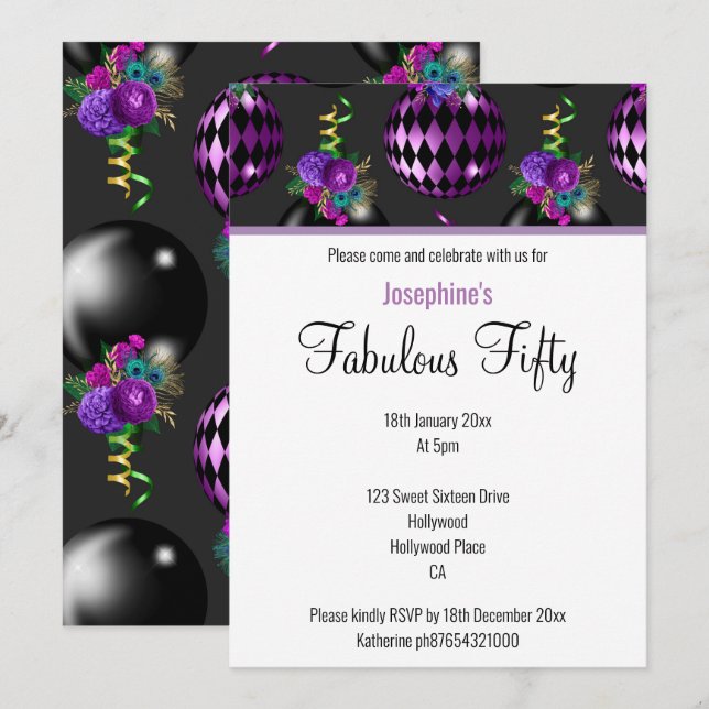 INVITACIÓN ELEGANTE PERSONALIZADO FABULOUS EN 50 PURPLE BALLO (Anverso / Reverso)