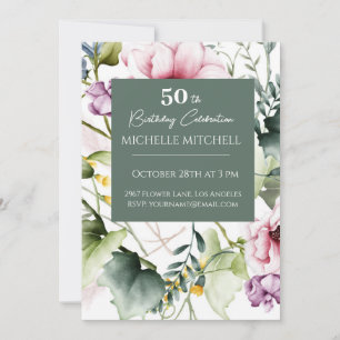 Invitación Elegante Personalizado Floral 50 cumpleaños