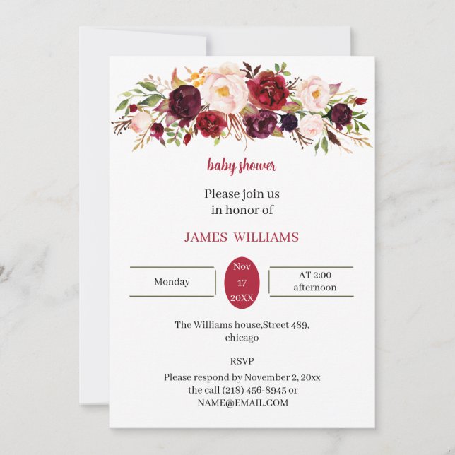 Invitación Elegante Personalizado floral Baby Shower (Anverso)