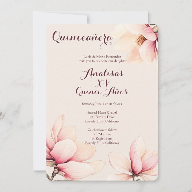 Invitación Elegante PERSONALIZADO Floral Magnolia Quinceañera (Anverso)