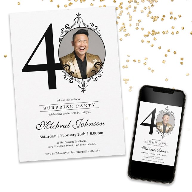 Invitación Elegante Personalizado Foto 40 Fiesta sorpresa por (Elegant Custom Photo 40th Birthday Surprise Party Invitation)