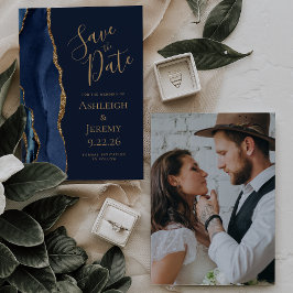 Invitación Elegante Personalizado foto Agate Oro Azul Guardar