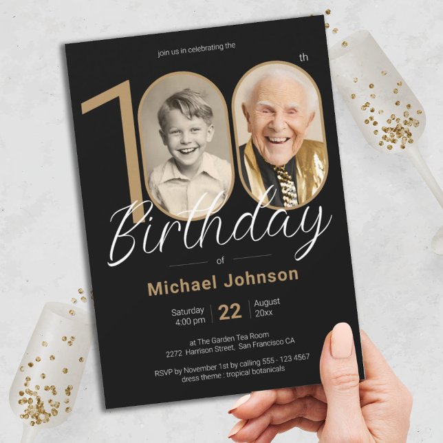 Invitación Elegante Personalizado Foto Oro Negro 100 cumpleañ (100th Birthday Gold Black Elegant Custom Photo Invitation)