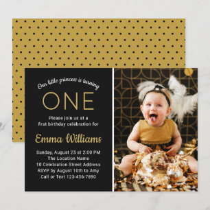 Invitación Elegante Personalizado Foto Oro Negro Primer Cumpl