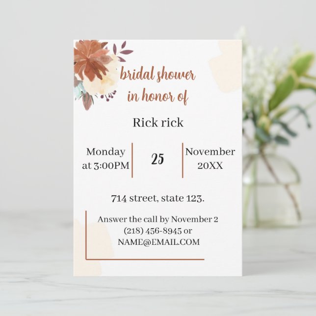 Invitación Elegante Personalizado marrón ducha de novia (Anverso de pie)