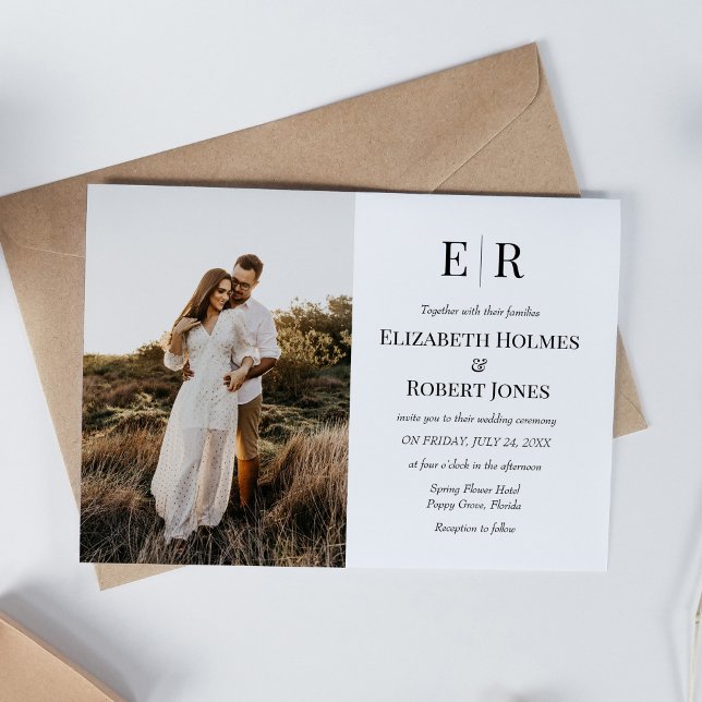 Invitación Elegante Personalizado Monograma Boda de fotografí (Elegant Monogram Custom Photo Wedding Invitation on boho table)
