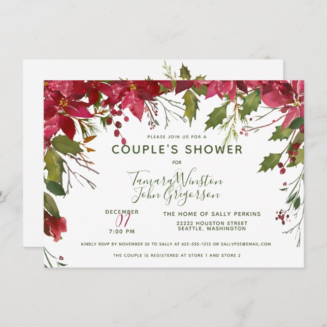 Invitación Elegante Personalizado Navidades Florales Ducha Pa (Anverso / Reverso)